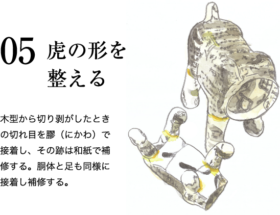 05 虎の形を整える ⽊型から切り剥がしたときの切れ⽬を膠（にかわ）で接着し、その跡は和紙で補修する。胴体と足も同様に接着し補修する。